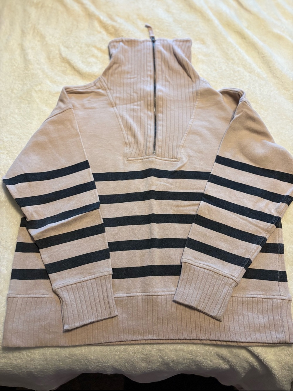 Women’s Beige Striped Quarter-Zip Sweater
